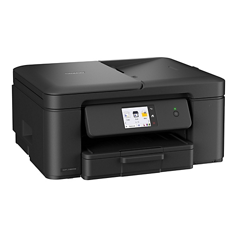 Schwarzer Multifunktionsdrucker mit Touchscreen. Auf dem Bildschirm werden Optionen wie Kopieren, Scannen und Web angezeigt.