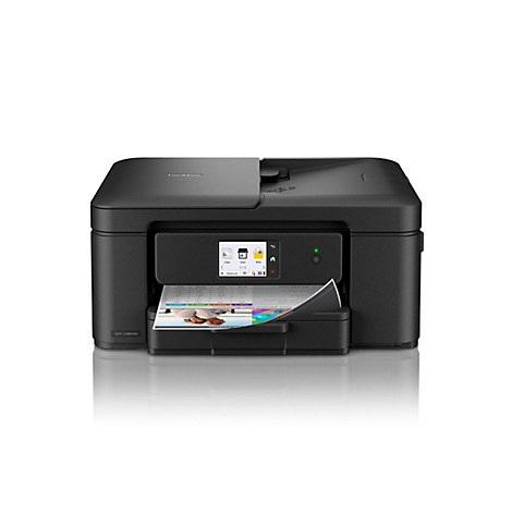 Schwarzer Brother DCP-J1460DW Multifunktionsdrucker druckt ein Dokument aus.