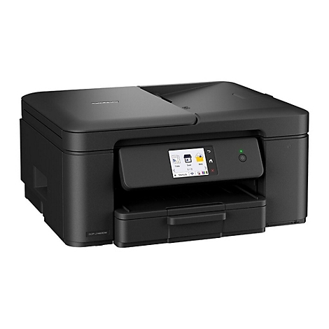Schwarzer Drucker mit Touchscreen, Papierausgabe und Bedienfeld. Das Modell ist DCP-J4600W.