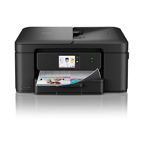 Schwarzer Drucker, bedrucktes Papier wird ausgegeben, Display zeigt Funktionen. Rechts Power Knopf mit grünem Licht.