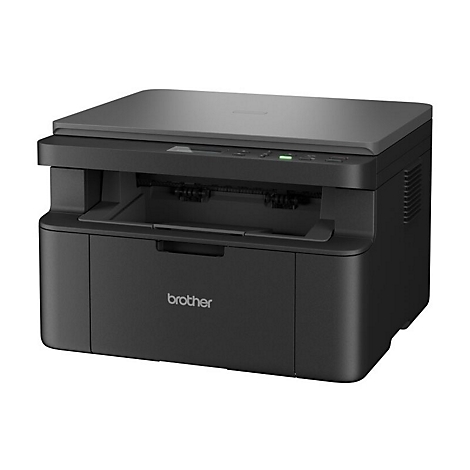 Schwarzer Brother Laserdrucker, Frontalansicht. Das Gerät hat ein offenes Papierfach und eine grüne Betriebsanzeige.