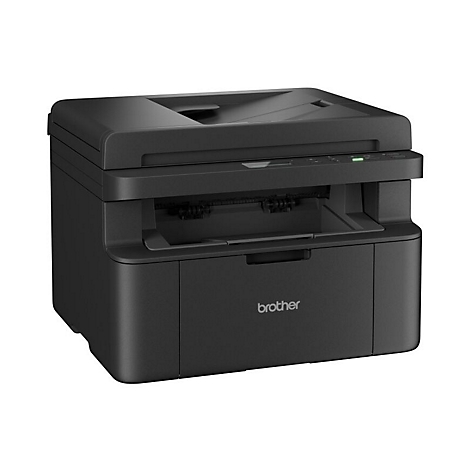 Schwarzer Brother-Laserdrucker, der leicht geöffnet ist. Auf der Vorderseite steht "brother".