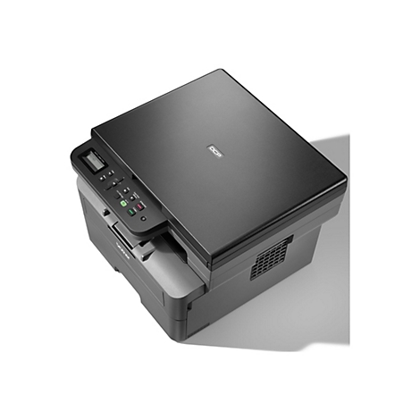 Draufsicht auf einen schwarzen Brother DCP-L2627DW-Multifunktionsdrucker mit Bedienfeld und Display.