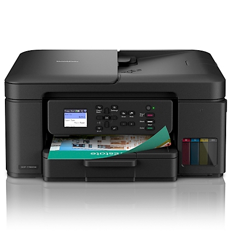 Schwarzer Tintenstrahldrucker mit farbigem Display und Papierausdruck.