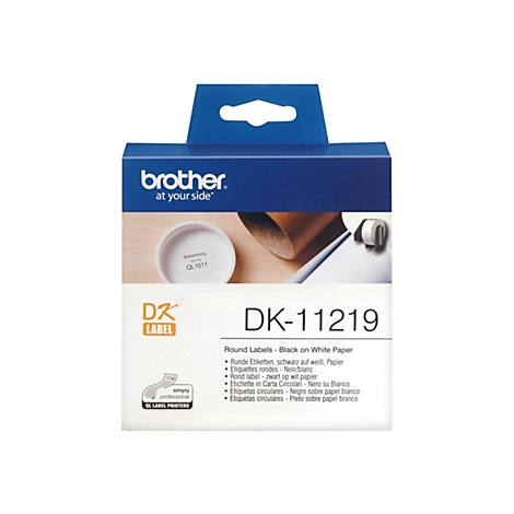 Un emballage de distributeur d'étiquettes Brother avec le texte DK-11219. Intitulé "Round Labels - Black on White Paper".