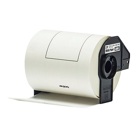 Rolle weißes Etikettenpapier mit schwarzem Halter, Brother-Logo. Produktetiketten für Drucker.