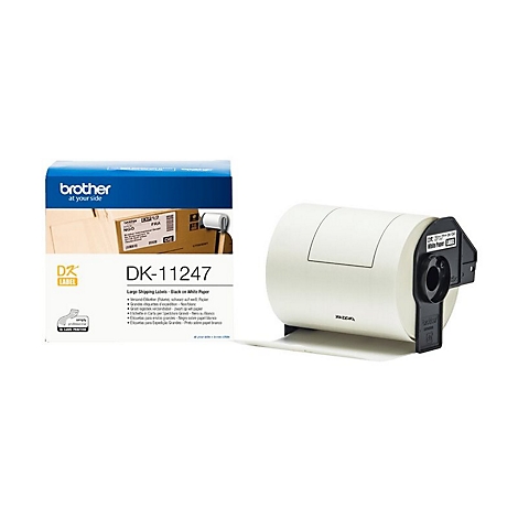 Etikettenrolle und Karton von Brother, DK-11247. Aufdruck: "Large Shipping Labels - Black on White Paper".