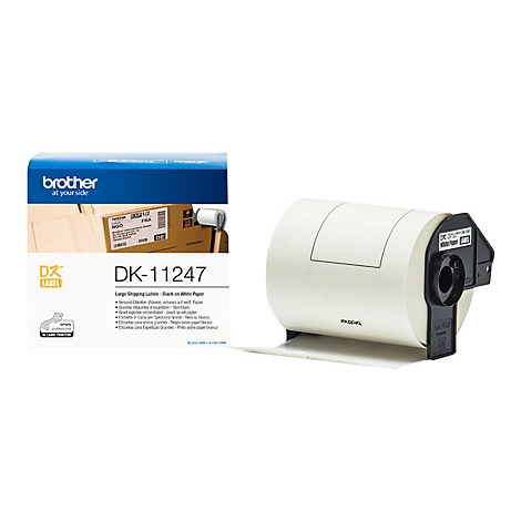 Ã‰tiquettes d'emballage Brother. Un rouleau d'Ã©tiquettes blanches et une boÃ®te d'Ã©tiquettes avec le nom du produit DK-11247.