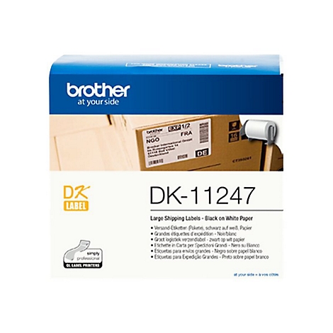 Verpackung von Brother-Etiketten. Blaue Oberseite mit weißem Aufdruck. Aufdruck: DK-11247, Großversandetiketten, schwarz auf weißem Papier.