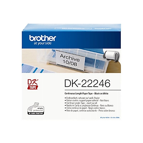 Produktverpackung mit der Aufschrift "Brother" und "DK-22246"-Etikett. Ein weißes Klebeband ist sichtbar.