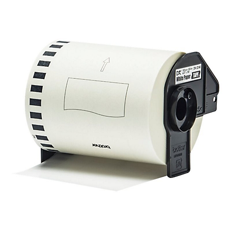 Etikettenrolle mit weißem Papier. Schwarzer Kunststoffrahmen mit Produktbezeichnung. Pfeil kennzeichnet Richtung. Aufschrift: "brother".