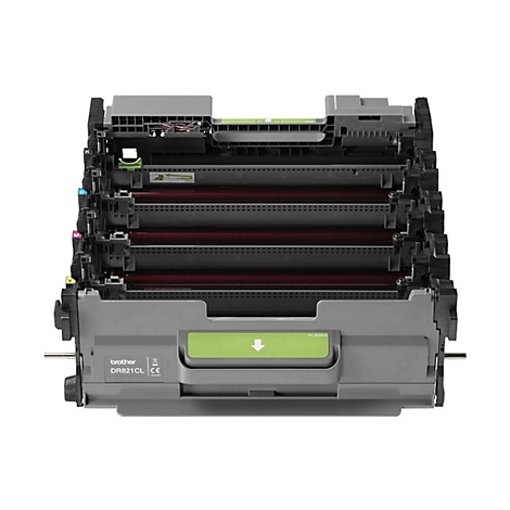 Ein offenes Brother DR821CL-Trommelsatz, mit roten Walzen, gelben, magenta, cyan und schwarzen Markierungen.