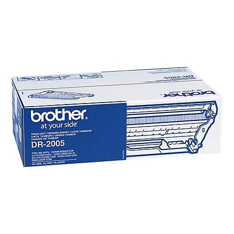 Eine weiße Schachtel mit blauem Deckel, Aufschrift "brother at your side" und Produktbezeichnung DR-2005.