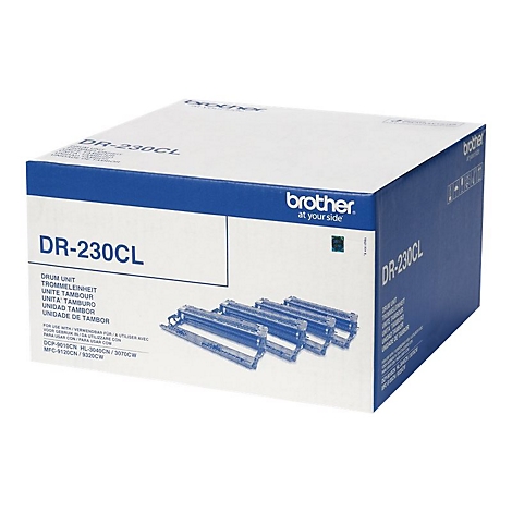 Eine rechteckige Brother-Trommeleinheit-Verpackung mit dem Aufdruck DR-230CL, enthaltend mehrere Trommeleinheiten.