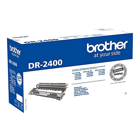 Eine Brother DR-2400 Trommeleinheit in einer blauen Verpackung. Auf der Verpackung steht "brother at your side".