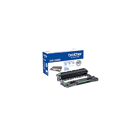 Eine Brother DR-2400 Trommeleinheit und Verpackung, weißer Hintergrund.