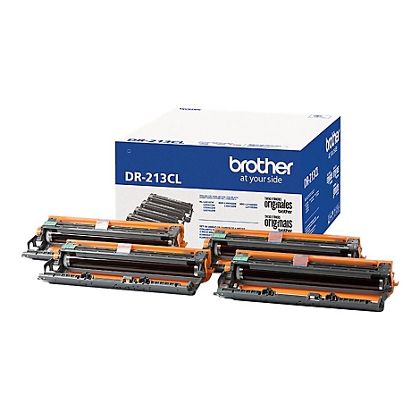 Ein Set von Brother DR-213CL Tonerkartuschen, verpackt in einer blau-weißen Box, neben einzelnen Patronen auf weißem Hintergrund.
