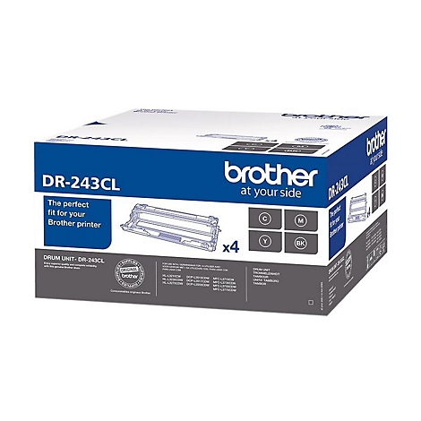 Eine Brother Druckerpatronenbox, DR-243CL, zeigt das Produkt im Detail. Aufgedruckter Text: Brother, at your side.