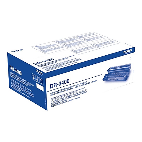 Brother DR-3400 Trommeleinheit in blauer Originalverpackung vor weißem Hintergrund.