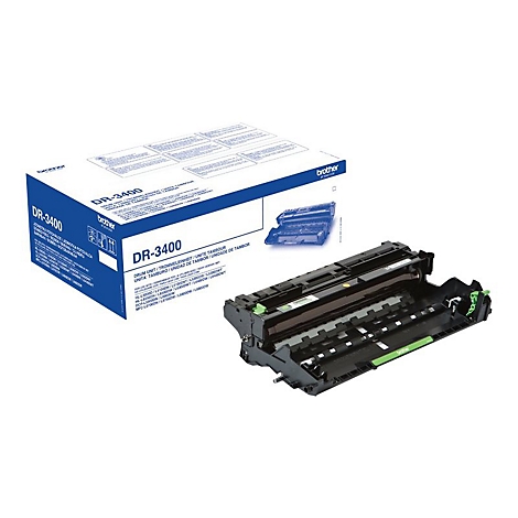 Brother DR-3400 Trommeleinheit vor der Originalverpackung auf weißem Hintergrund.