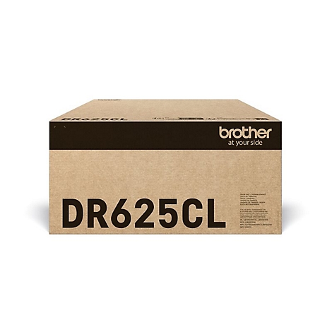 Karton mit Aufschrift DR625CL und Brother-Logo. Auf braunem Hintergrund.