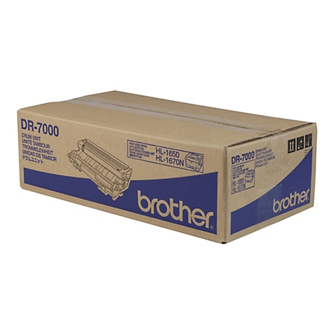 Karton mit Aufdruck DR-7000, Brother, Text und blauem Design. Aufschrift in verschiedenen Sprachen, inkl. HL-1650/1670N.