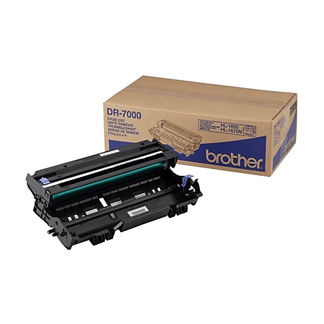 Schwarze Trommeleinheit DR-7000 mit Verpackung von Brother. Aufdrucke wie DRUM UNIT und HL-1650/1670N.