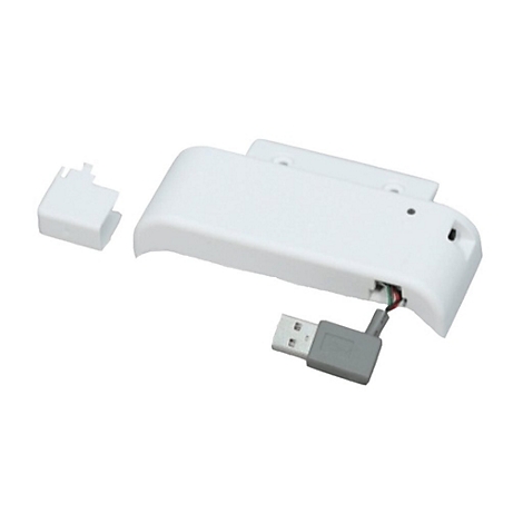 Weißes, elektronisches Gerät mit USB-Kabel, offenem Gehäuse und abnehmbarer Abdeckung.
