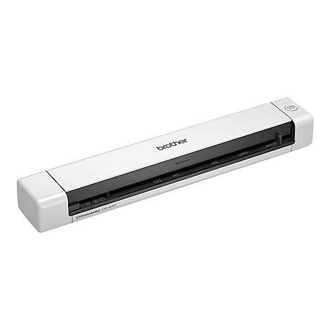 Weißer Brother-Dokumentenscanner auf weißem Grund. Mit Logos und Beschriftungen für die Seitengröße, Start-Taste und DS-640.