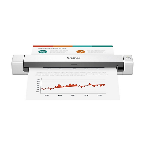 Weißer Scanner von Brother mit eingelegtem Papier. Oben liegen zwei weitere Blätter, auf denen ein Diagramm zu sehen ist.