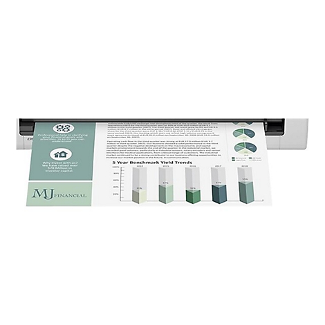 Ein weißer Scanner zieht ein Blatt Papier mit Diagrammen und Text ein. Der Text enthält "MJ FINANCIAL" und "5 Year Benchmark Yield Trends".