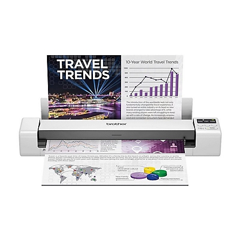 Ein weißer Scanner scannt ein Dokument mit Diagrammen und Text. Oben steht "Travel Trends".