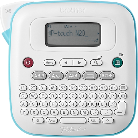 Wit en lichtblauwe labelprinter met een scherm en toetsenbord. Het scherm toont "P-touch N20".