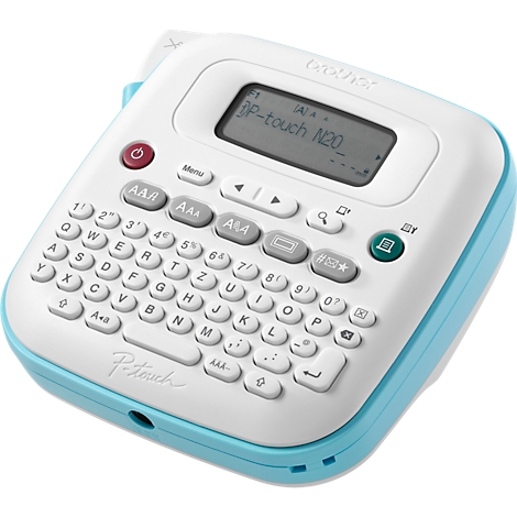 Een witte en blauwe labelprinter met een toetsenbord en display. Het display toont "P-touch N20".