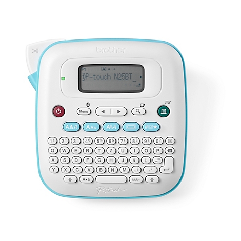 Een witte Brother P-touch N25BT labelmaker met een blauwe rand en knoppen. Op het display staat P-touch N25BT.