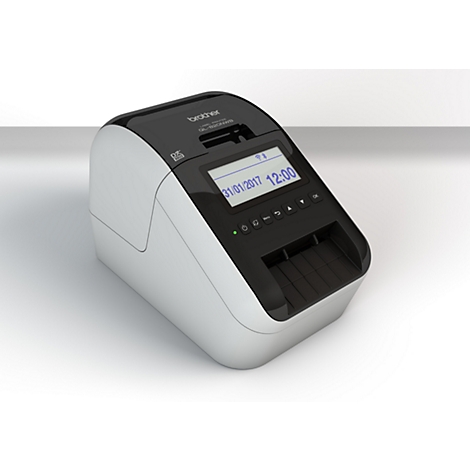 Brother labelprinter, zwart-wit, display met datum en tijd.
