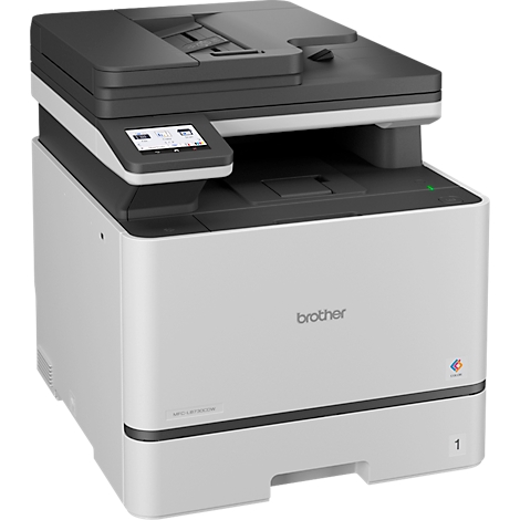 Kompakter weiß-grauer Brother Multifunktions-Laserdrucker mit Touchscreen-Display vor neutralem Hintergrund.