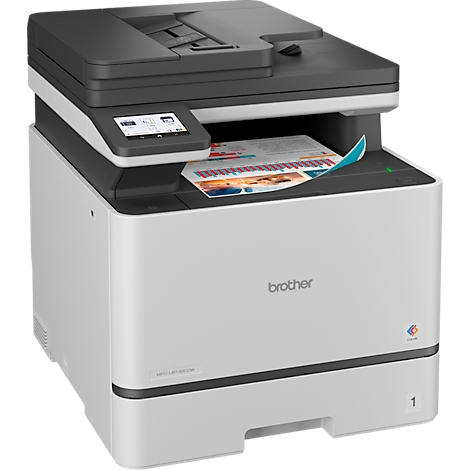 Brother Multifunktions-Laserdrucker in Weiß und Grau mit Touchscreen und bedrucktem Blatt im Ausgabefach.