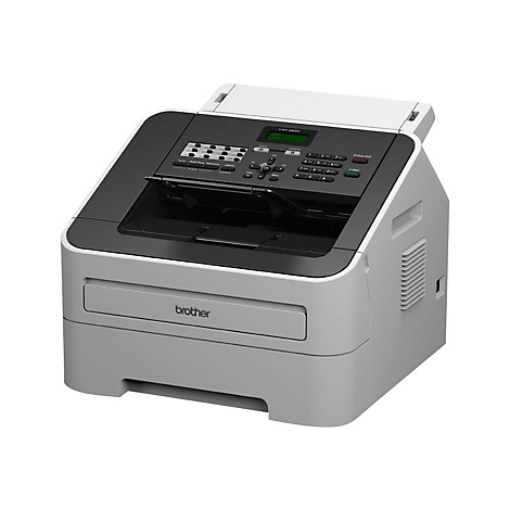 Ein weiß-schwarzer Brother Fax-Drucker. Bedienfeld mit Knöpfen, Papierausgabe unten, Beschriftung.
