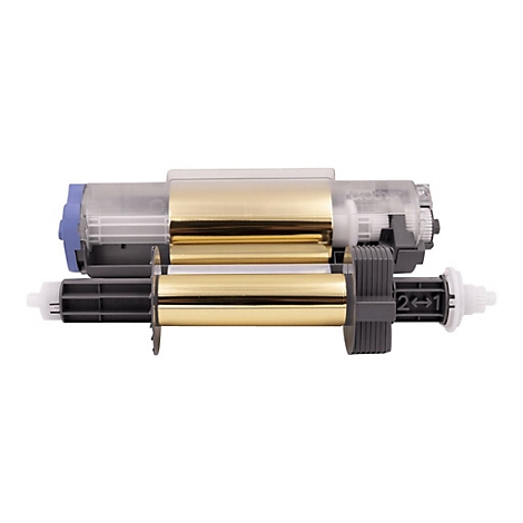 Brother Thermotransferrolle mit glänzender Goldfolie auf grauen Kunststoffspulen vor weißem Hintergrund.