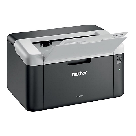 Schwarz-grauer Brother-Laserdrucker mit offenem Ausgabefach, Papier wird gedruckt. Rechts: Ein/Aus-Taste und Kontrollleuchten.