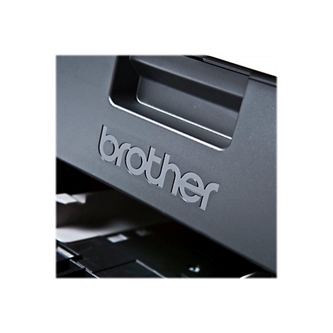Nahaufnahme eines schwarzen Brother-Druckers. Das Logo ist sichtbar.