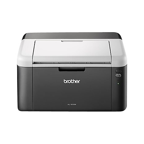 Schwarzer Brother Laserdrucker mit weißem Deckel. Das Brother-Logo ist sichtbar. Auf der rechten Seite befinden sich Bedienelemente.