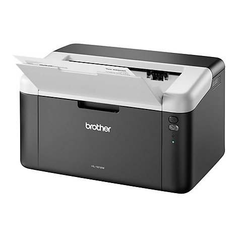 Schwarzer Drucker mit Brother-Logo, Papier wird ausgeworfen.