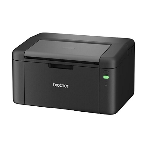 Schwarzer Drucker der Marke Brother, von vorne fotografiert. Auf der Vorderseite befindet sich das Brother Logo.