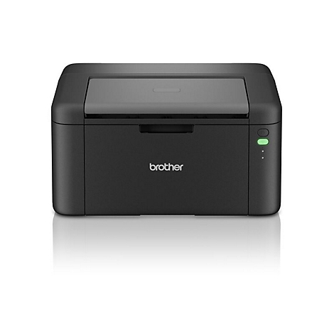 Schwarzer Brother Laserdrucker, Frontansicht, Logo und Kontrollleuchten sichtbar.