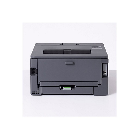 Grauer Laserdrucker von hinten mit Strom- und USB-Anschluss vor weißem Hintergrund.