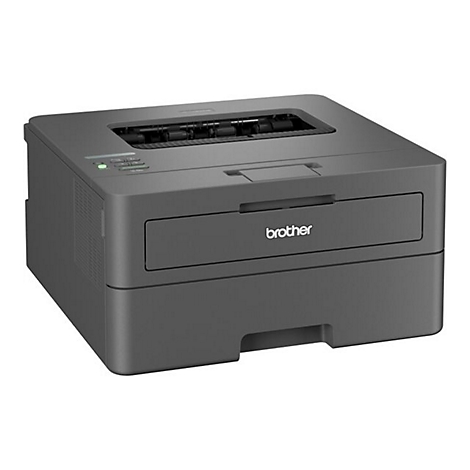 Grauer Brother Laserdrucker vor weißem Hintergrund mit Tastenfeld und Papierfach.
