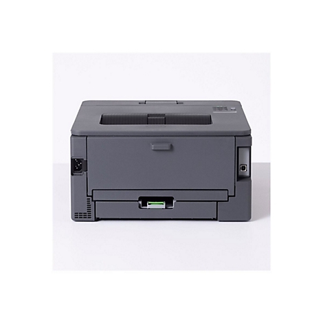Rückseite eines grauen Laserdruckers vor weißem Hintergrund mit Stromanschluss und USB-Port.