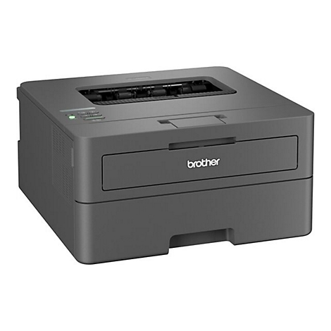 Grauer Brother Laserdrucker vor weißem Hintergrund mit Tastenfeld und Papierfach.